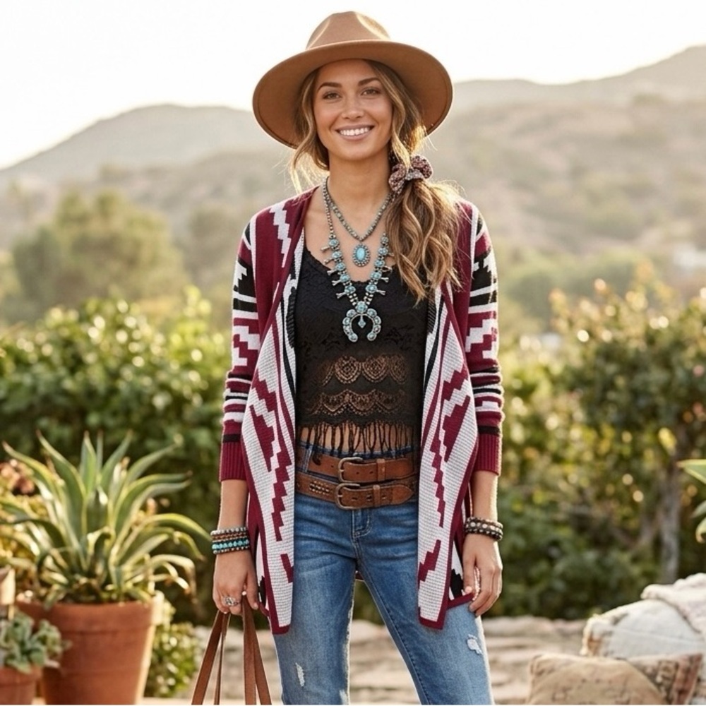 Faded Glory Burgundy Aztec Tribal Waterfall Cardigan Size Small